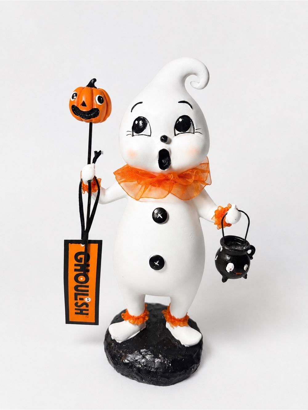 New 12" Ghoulish Halloween Ghost Figurine Vintage Style Clown Ruffle Pumpkin